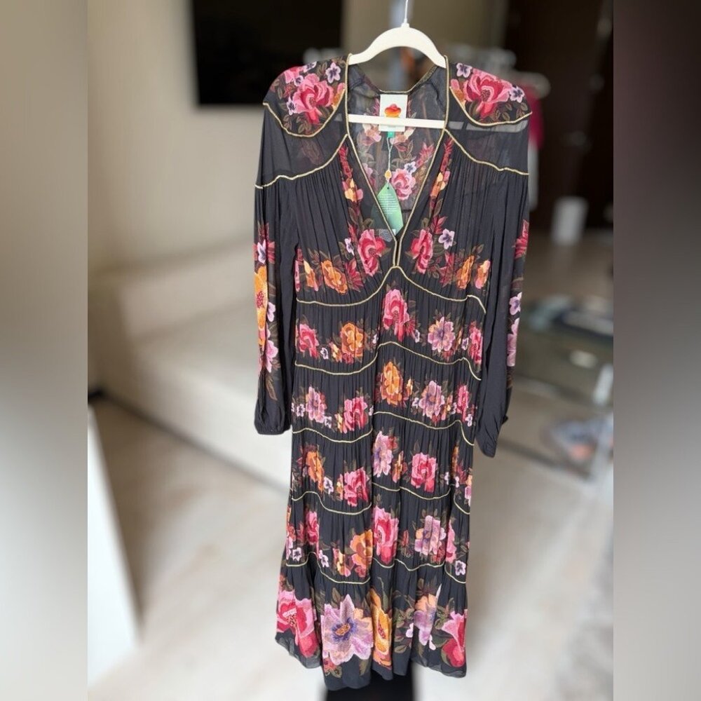 Farm Rio: Black Chenille Flowers Long Sleeve Midi Dress DT - Picture 3 of 10
